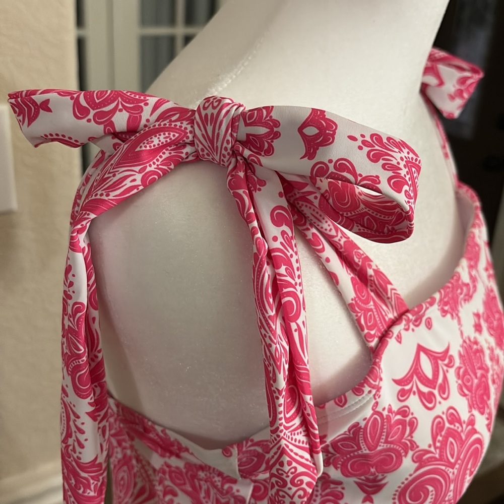 Shein pink tropische print ties on shoulder one piece swimsuit Size L - Picture 10 of 17